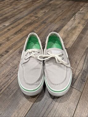 Sperry Light Gray Canvas Boat Shoes with Mint Accents